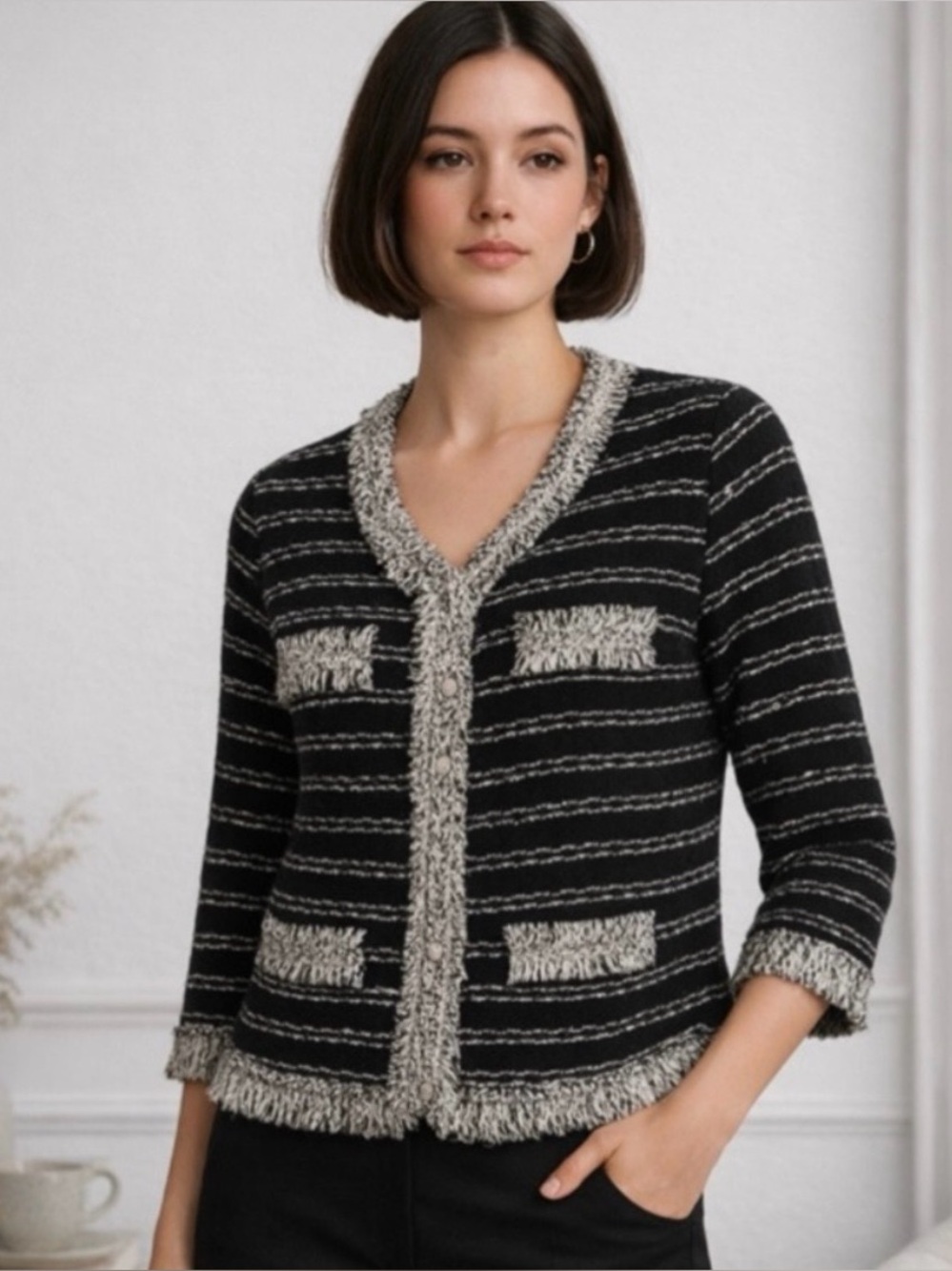 Vintage Bouclé Fringe Knit Jacket Hidden Snap Black White M